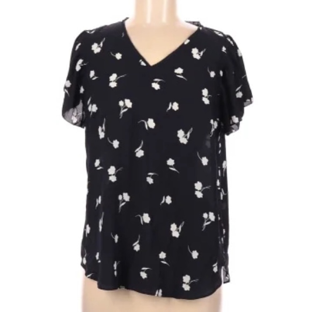 Ann Taylor floral blouse short sleeve - navy and white - LP